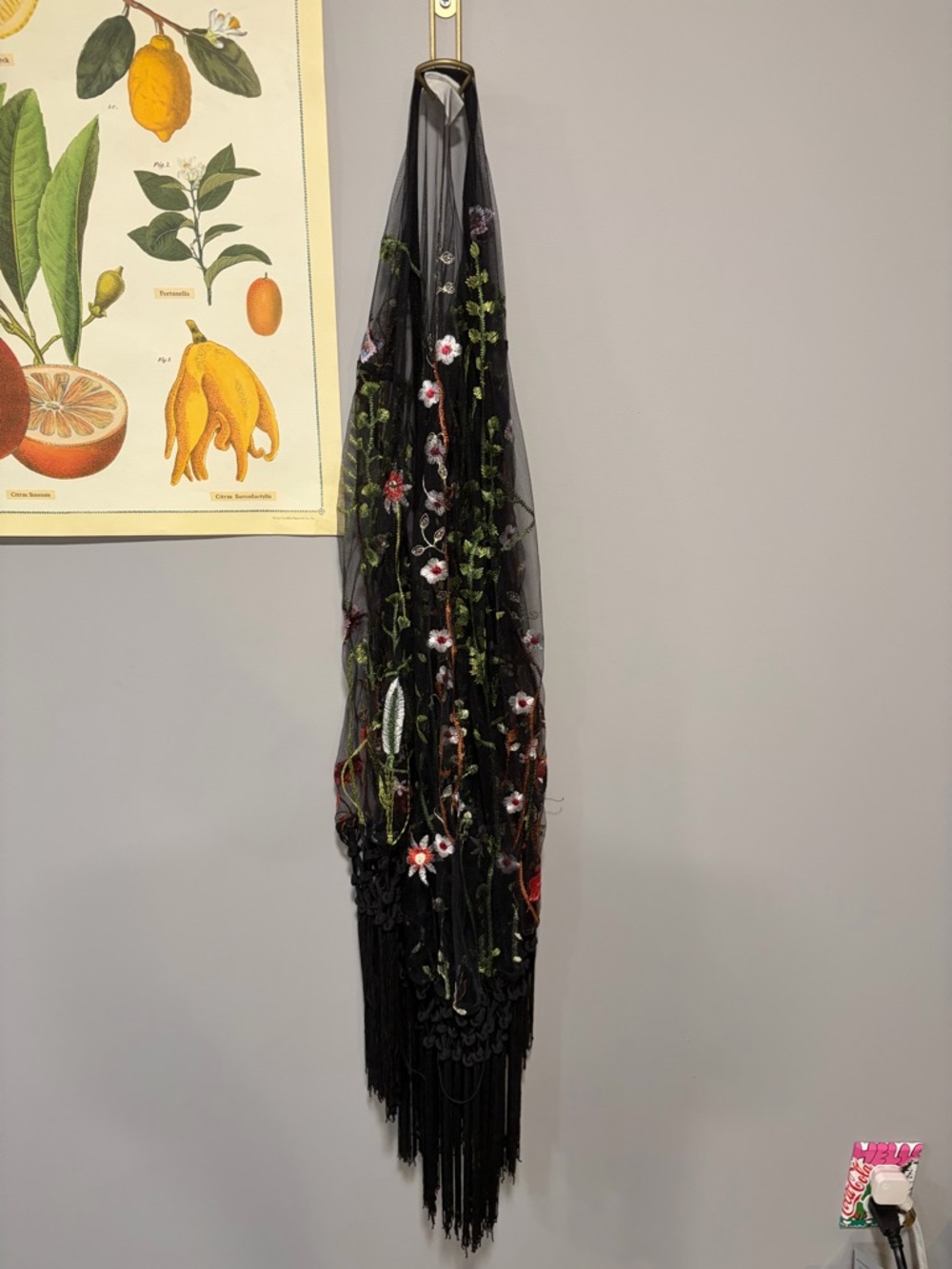 Black Floral Embroidered Fringe Shawl